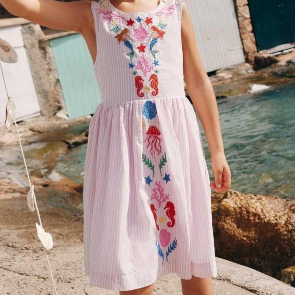 Mini Boden Harper Striped Pink Dress with Colorful Mermaid Shell Embroidery